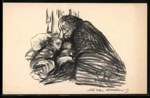 Künstler-AK Käthe Kollwitz: Städtisches Obdach, Erschöpfte Frau und zwei schlafende Kinder