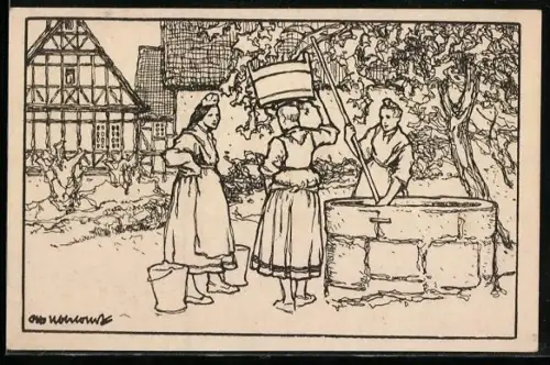 Künstler-AK Otto Ubbelohde: Bäuerinnen in hessischer Tracht am Wasserbrunnen
