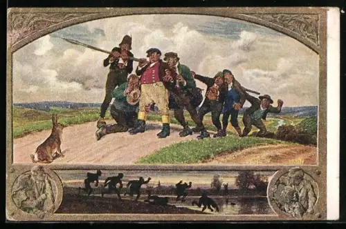 Künstler-AK P. Hey: Die sieben Schwaben mit Speer haben Angst vor einem Hasen