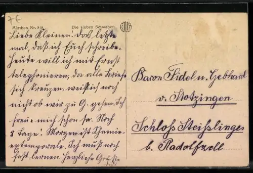 Künstler-AK P. Hey: Die sieben Schwaben mit Speer haben Angst vor einem Hasen