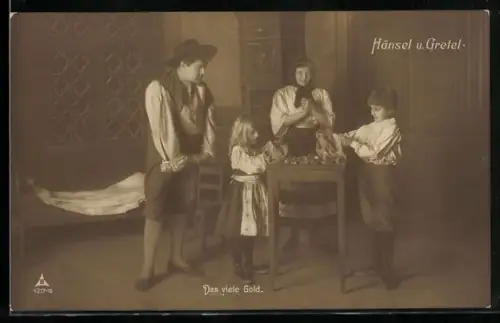 AK Hänsel und Gretel, Kinder zeigen ihren Eltern das Gold der Hexe
