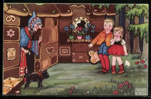 AK Hänsel und Gretel vor dem Hexenhaus
