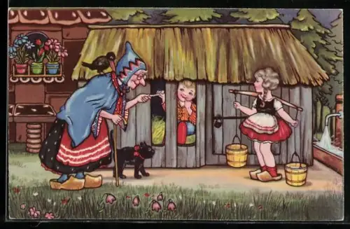 Künstler-AK Margret Boriss: Hänsel und Gretel mit Hexe