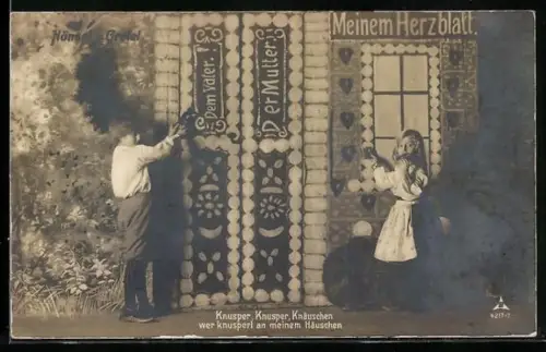 AK Knusper, Knusper, Knäuschen, Hänsel und Gretel am Lebkuchenhaus