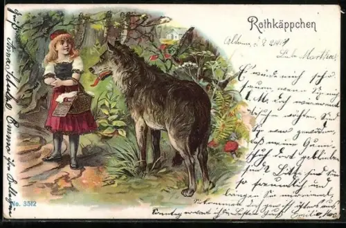 Lithographie Rotkäppchen trifft mit Korb auf den Wolf