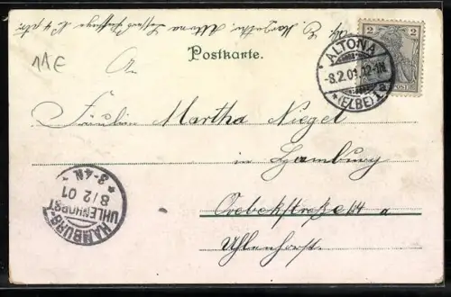 Lithographie Rotkäppchen trifft mit Korb auf den Wolf