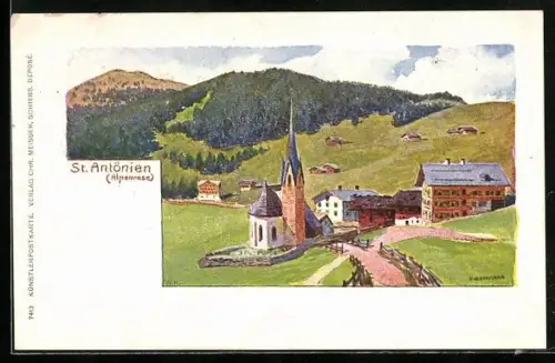 künstler-AK St. Antönien, Ortsansicht