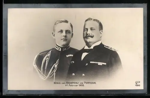 AK Gedenkkarte König & Kronprinz von Portugal, gestorben 1908 bei einem Attentat