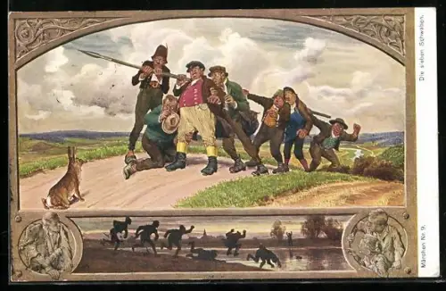 Künstler-AK P. Hey: Die sieben Schwaben mit Speer haben Angst vor einem Hasen
