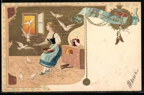 Lithographie Aschenbrödel füttert Vögel