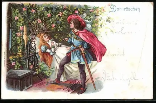 AK Märchen Dornröschen, Prinz möchte Dornröschen wachküssen