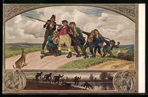 Künstler-AK P. Hey: Die sieben Schwaben mit Speer haben Angst vor einem Hasen
