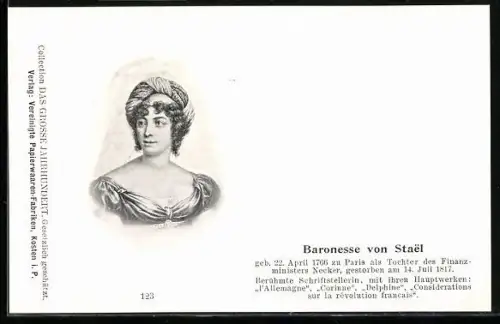 AK Baronesse von Stael, berühmte Schriftstellerin, geb. 22.4.1766, gest. 14.7.1817