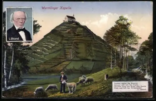 AK Rottenburg / Neckar, Blick auf Wurmlinger Kapelle mit Schafhirten