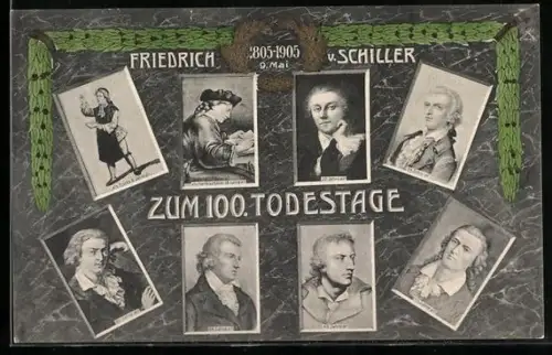 AK 100. Todestag Friedrich Schiller 1805-1905, Porträts in versch. Lebensaltern