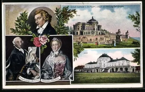 AK Stuttgart, Schloss Solitude einst u. jetzt, Herzog Carl Eugen, Franziska v. Hohenheim