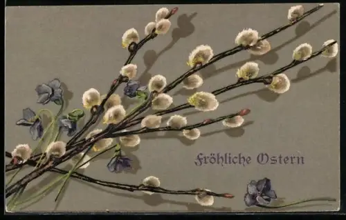 AK Weidenkätzchenstrauss mit Veilchen, Ostergruss