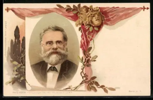 Lithographie Fritz Reuter, Portrait, Lorbeer, Theatermaske