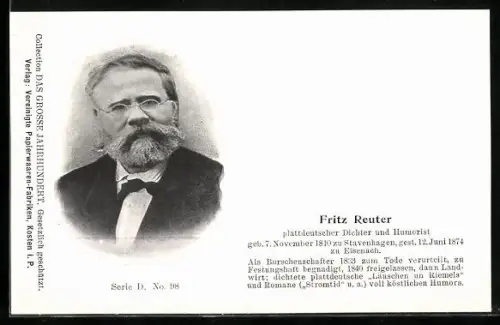 AK Fritz Reuter, plattdeutscher Dichter und Humorist, geb. 7.11.1810, gest. 12.6.1874