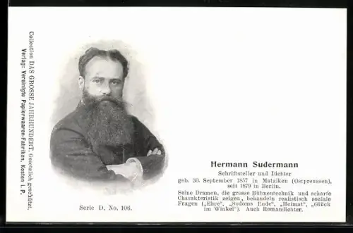 AK Schriftsteller und Dichter Hermann Sudermann mit Vollbart und verschränkten Armen, Portrait, geb. 1857, Vers