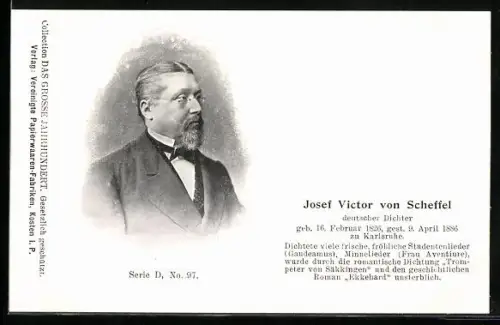 AK Deutscher Dichter Josef Victor von Scheffel, Profilbild, geb. 1826, Vers