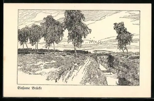 Künstler-AK Otto Ubbelohde: Eisame Brücke am Fluss