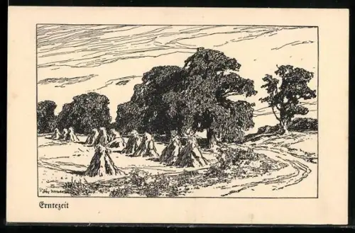 Künstler-AK Otto Ubbelohde: Felder zur Erntezeit