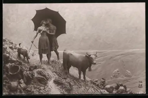 Künstler-AK Domenico Mastroianni: Kuhhirte küsst die junge Frau im Gebirge, Morgenkuss