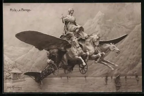 Künstler-AK Domenico Mastroianni: Pour la Patrie, Helvetia fliegt mit einem von Pferden gezogenen Flugzeug