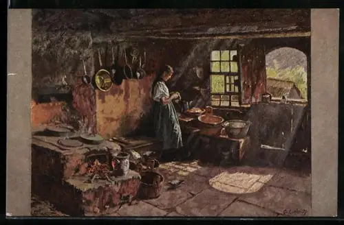 Künstler-AK C. Liebich: Frau in einer Schwarzwälder Küche
