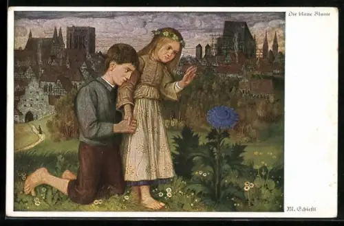 Künstler-AK Matthäus Schiestl: Die blaue Blume, zwei Kinder vor einer Blume