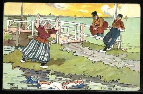 Künstler-AK sign. Phil Raven: Floating Capital, Waschfrau mit davonschwimmenden Waschzubern