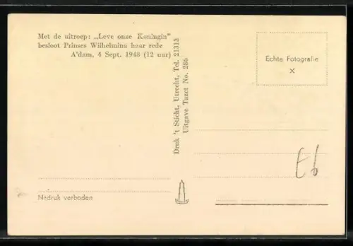 AK Koningin, Besloot Prinses Wilhelmina haar rede 1948