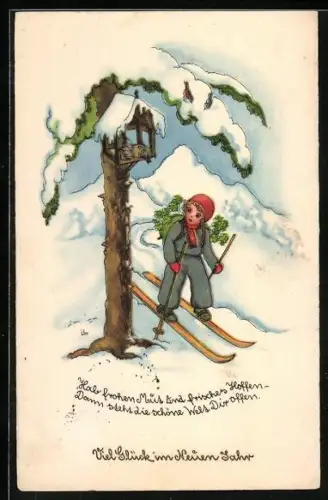 AK Kleine Skiläuferin an einem Vogelhäuschen im Gebirge, Neujahrsgruss
