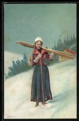 Lithographie Junge Frau mit ihren Skiern und Skistöcken