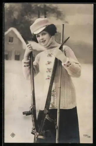 AK Junge Skiläuferin mit aufgestellten Skiern