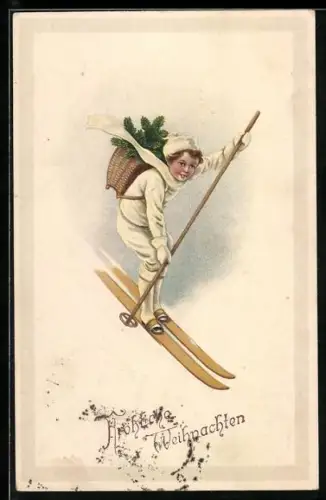 AK Kleine Skiläuferin mit Tannenzweigen, Weihnachtsgruss