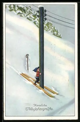 AK Kleiner Skiläufer ist mit einem Strommast kollidiert, Neujahrsgruss