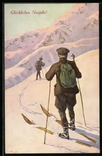 AK Zwei Skilangläufer mit Rucksäcken, Neujahrsgruss