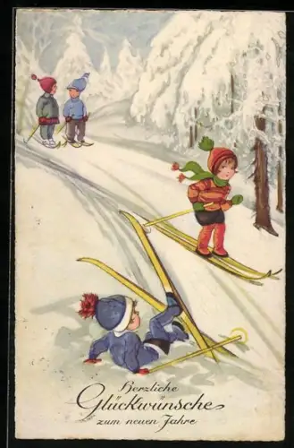 AK Kleine Skiläufer, Malheur bei der Abfahrt, Neujahrsgruss