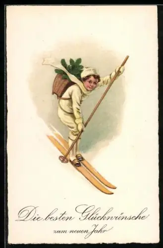 AK kleiner Junge fährt Ski, Neujahr
