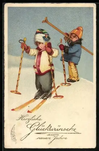 AK Zwei kleine Skiläufer vor der Abfahrt, Neujahrsgruss