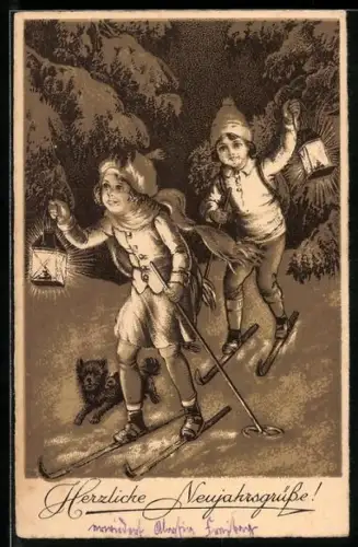 AK Kleines Skiläuferpaar mit Hund beim nächtlichen Lauf, Neujahrsgruss