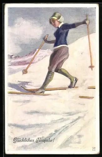 AK Skiläuferin beim Üben, Neujahrsgruss