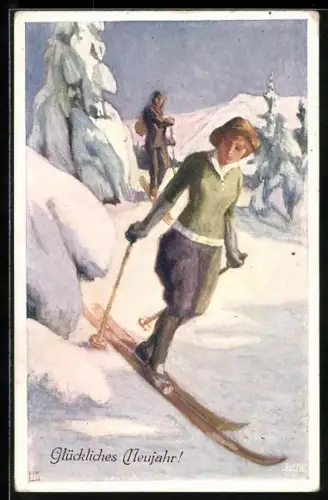 AK Paar auf Skiern unterwegs im Gebirge, Neujahrsgruss
