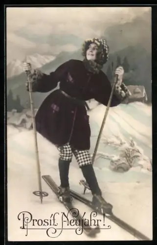 AK Junge Skiläuferin vor einer Ortschaft im Gebirge, Neujahrsgruss