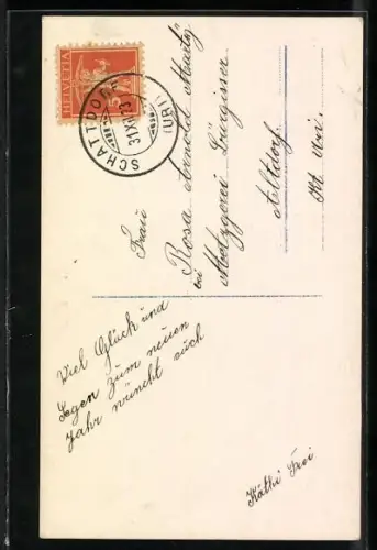 AK Junge Skiläuferin vor einer Ortschaft im Gebirge, Neujahrsgruss