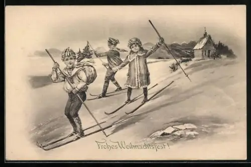 AK Kleine Skiläufer auf dem Heimweg, Weihnachtsgruss