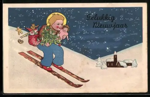 AK Skilaufendes Christkind mit Geschenken und Lichterbaum, Neujahrsgruss