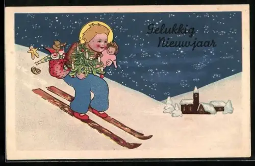 AK Christkind auf Skiern mit Geschenken und Lichterbaum, Neujahrsgruss